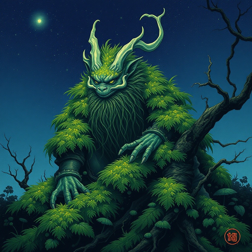 a moss-covered forest spirit, ukiyo-e woodblock style, flat colors, bioluminescent glow, highly deta...