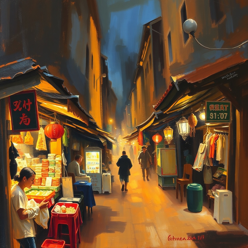 a night market alley, oil painting, impressionist brushwork, golden hour light, highly detailed