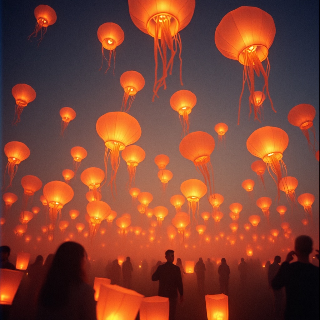 a jellyfish sky lantern festival, cinematic photography, 35mm film grain, soft morning mist, highly...