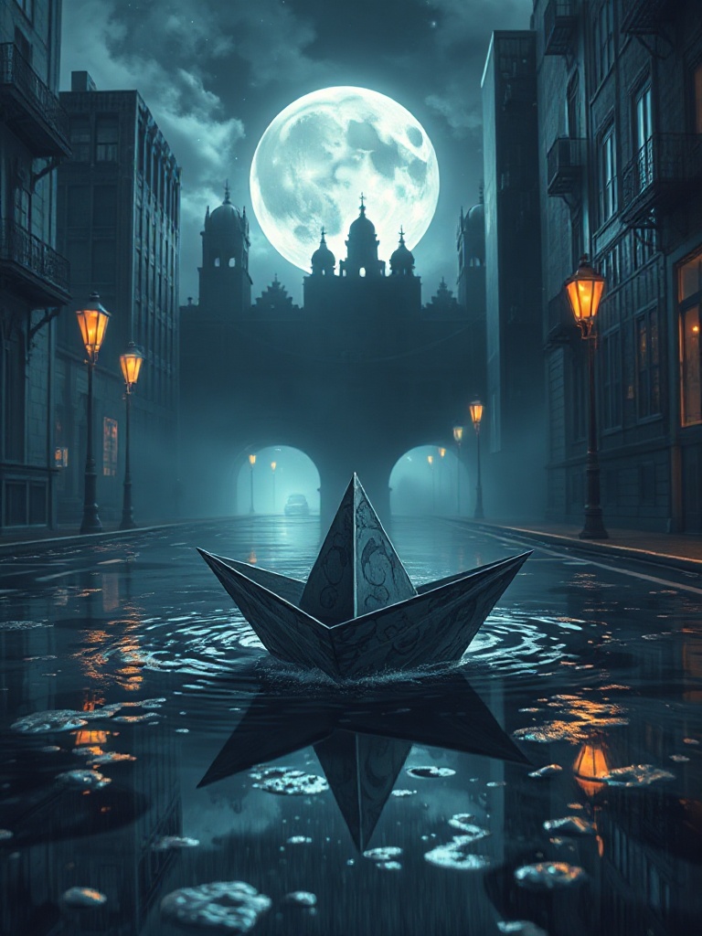a paper boat sailing through city puddles, dark fantasy concept art, detailed, cool moonlight, highl...