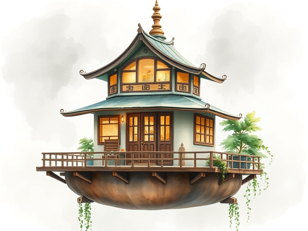 a floating tea house, watercolor illustration, soft edges, gentle overcast light, highly detailed