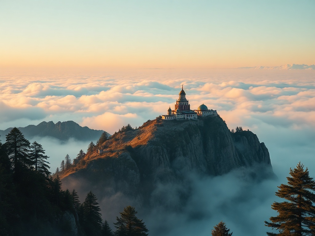 a mountain monastery above the clouds, vaporwave aesthetic, retro futurism, soft morning mist, highl...
