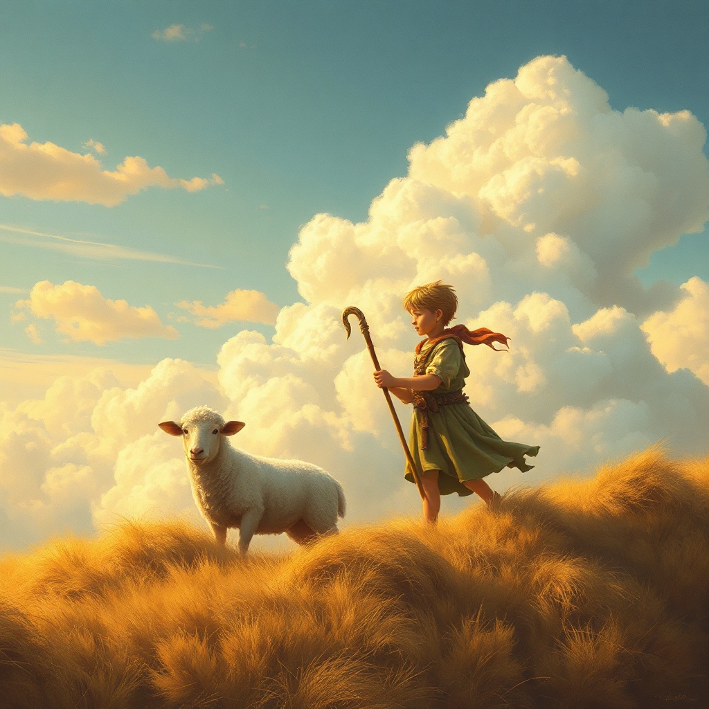 a cloud shepherd herding cumulus sheep, studio ghibli inspired, hand painted, golden hour light, hig...
