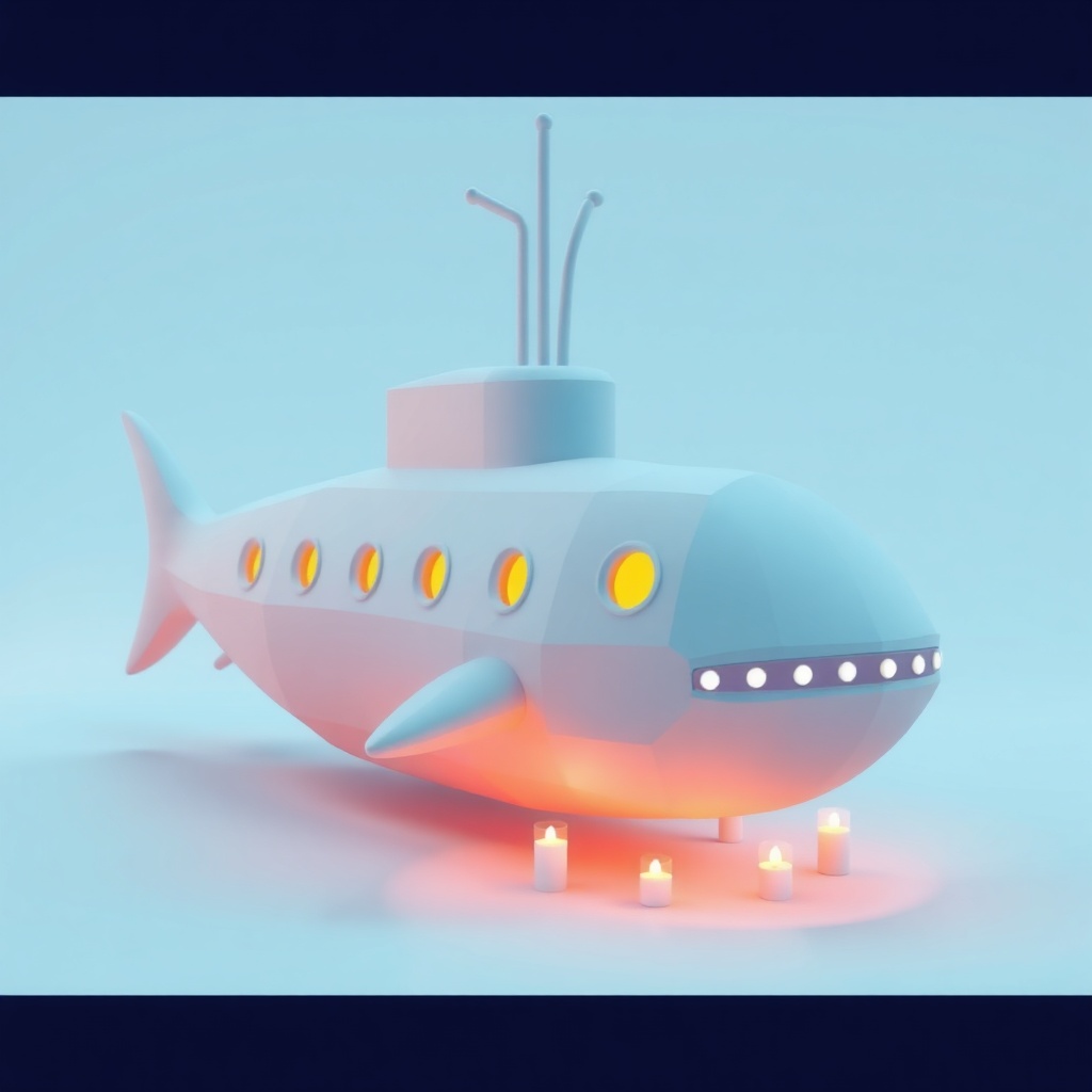 a submarine shaped like a whale, low poly 3d render, pastel palette, warm candlelight, highly detail...