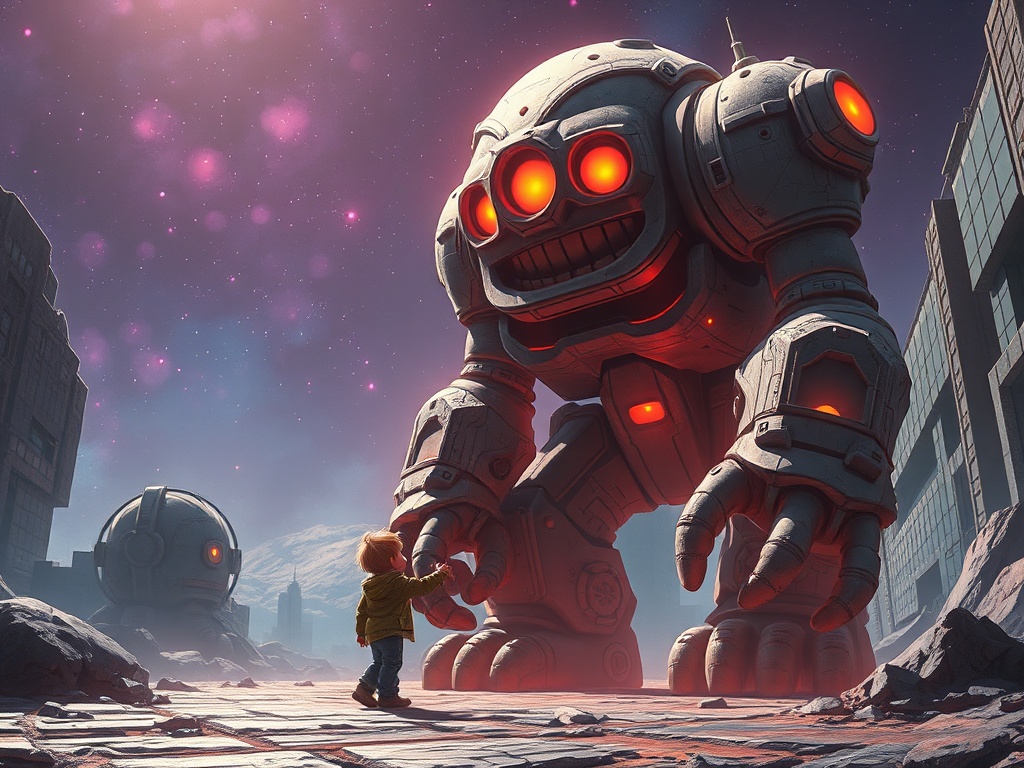 a child and a giant friendly golem, vaporwave aesthetic, retro futurism, dramatic rim lighting, high...