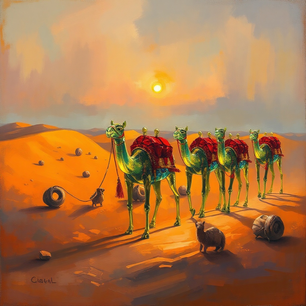 a desert caravan of glass camels, oil painting, impressionist brushwork, warm candlelight, highly de...