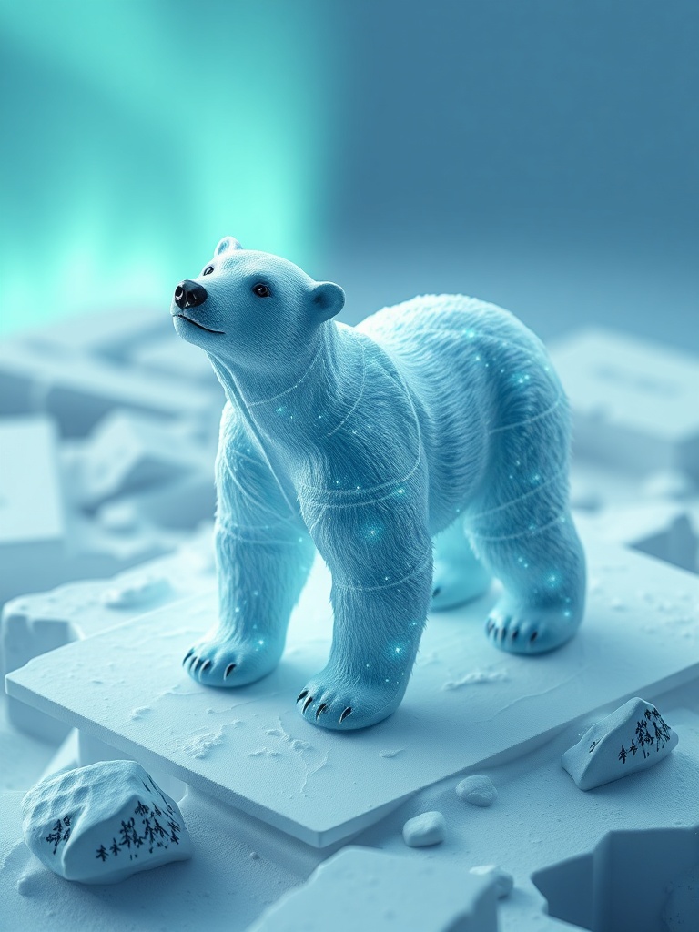 a polar bear made of northern lights, isometric diorama, blender render, gentle overcast light, high...
