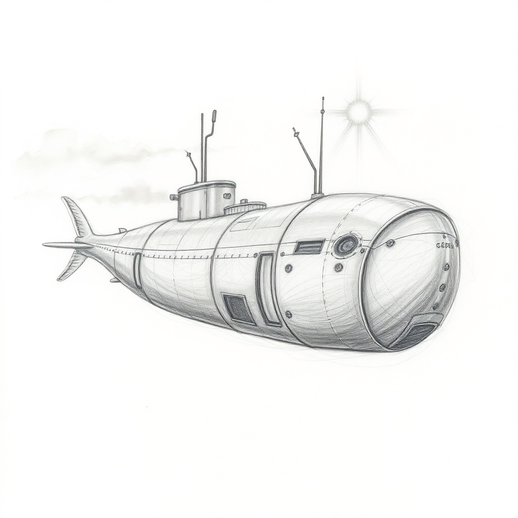 a submarine shaped like a whale, pencil sketch with soft watercolor wash, god rays through clouds, h...