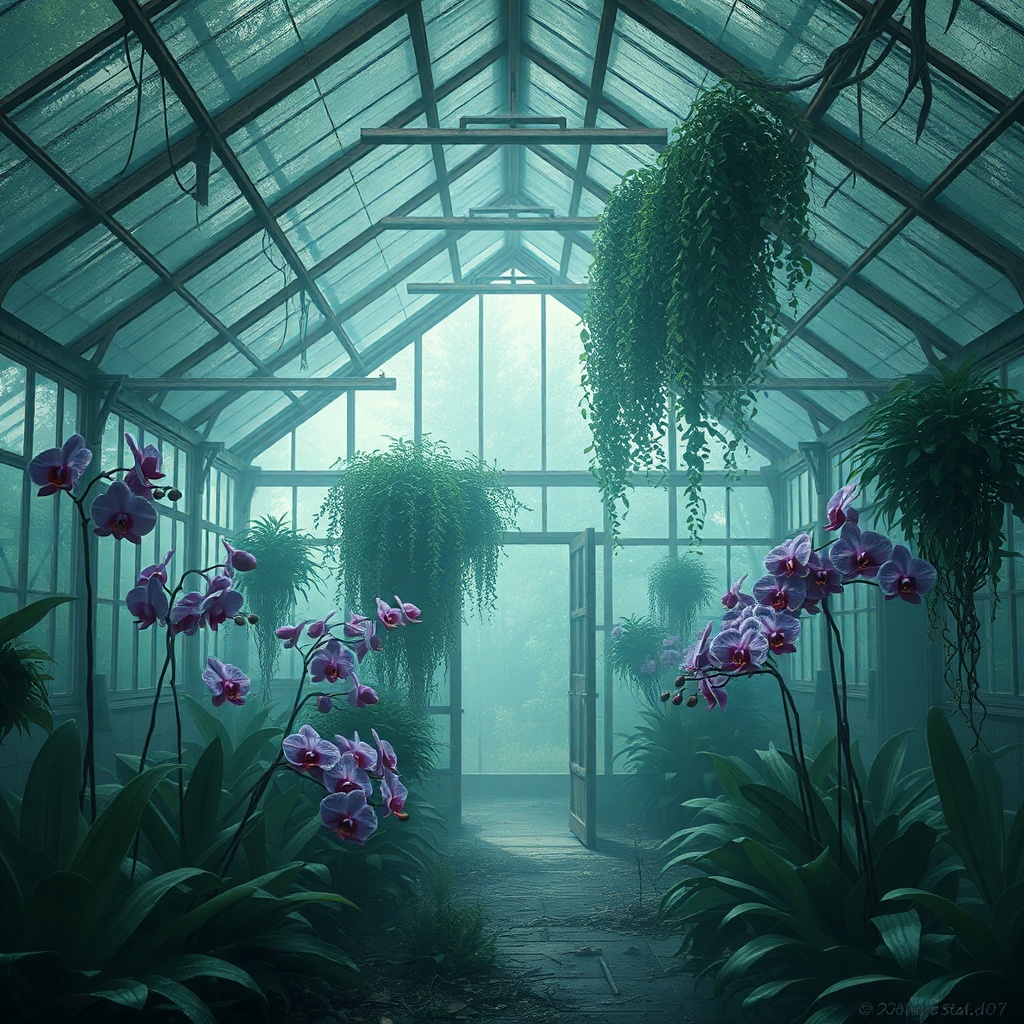 an abandoned greenhouse reclaimed by orchids, digital painting, artstation trending, moody volumetri...