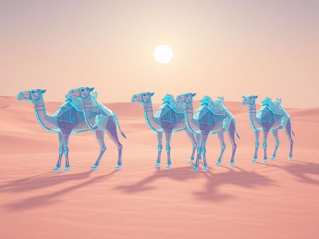 a desert caravan of glass camels, low poly 3d render, pastel palette, cool moonlight, highly detaile...