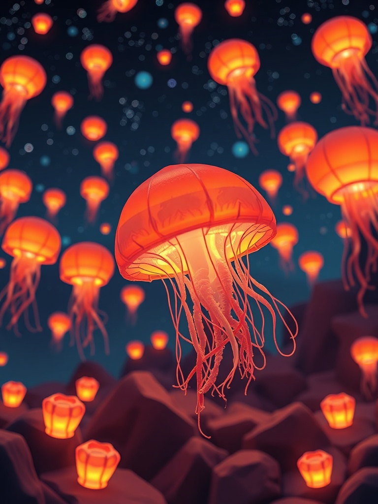 a jellyfish sky lantern festival, isometric diorama, blender render, bioluminescent glow, highly det...