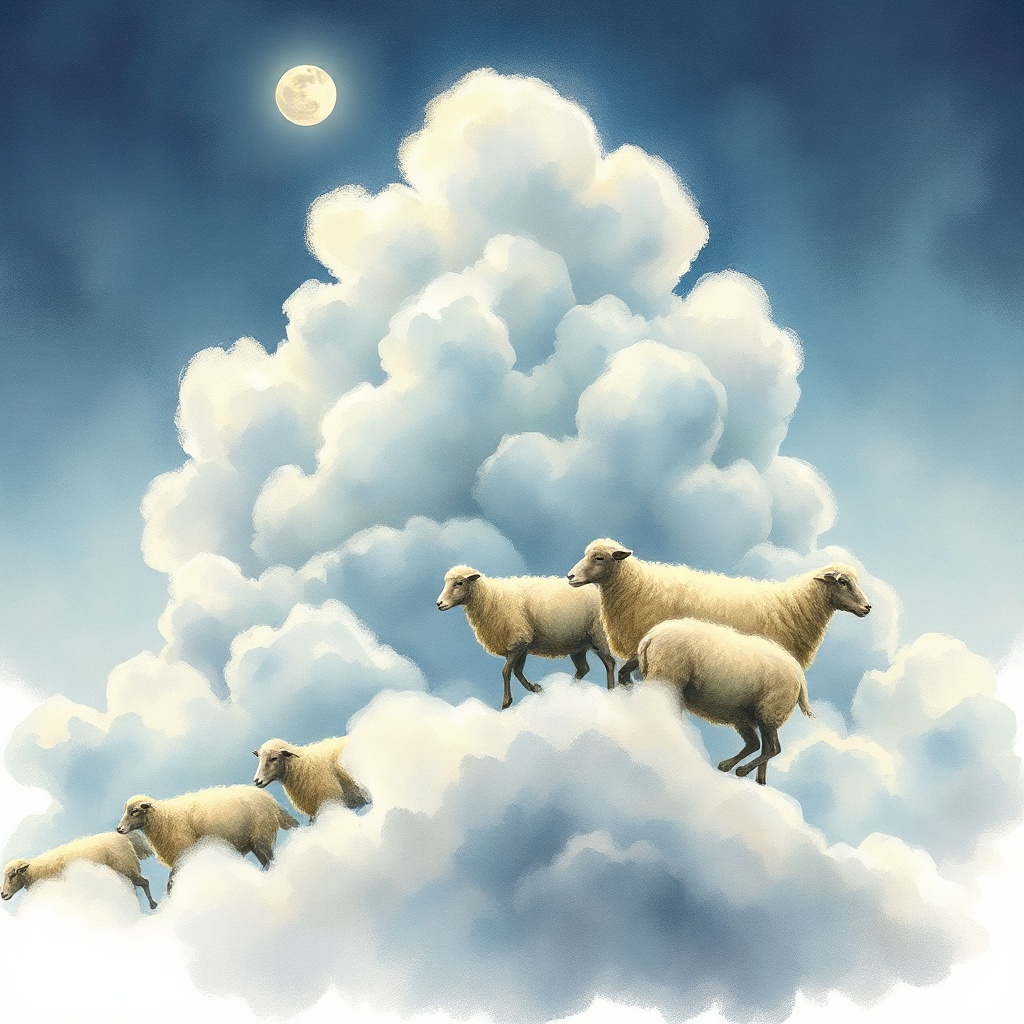 a cloud shepherd herding cumulus sheep, watercolor illustration, soft edges, cool moonlight, highly...