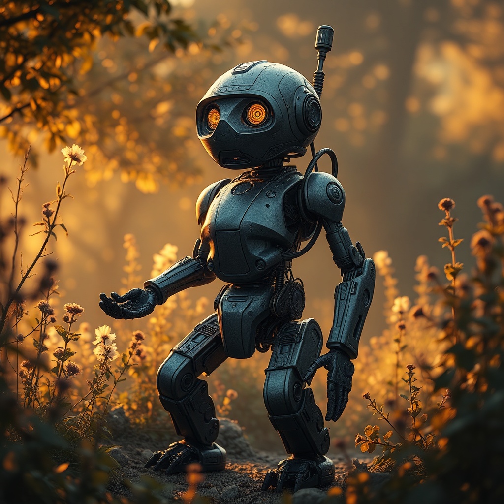 a wandering robot gardener, dark fantasy concept art, detailed, golden hour light, highly detailed