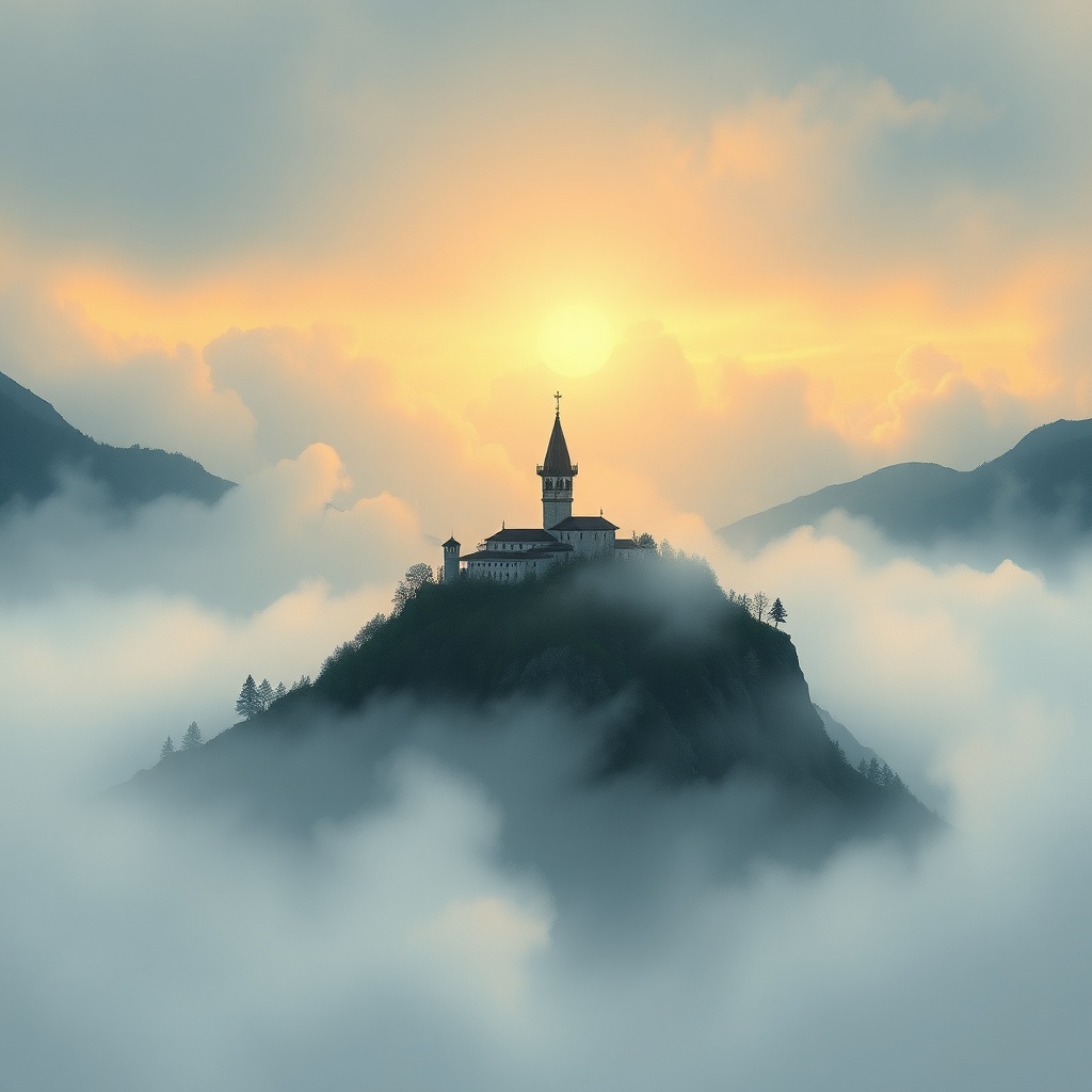 a mountain monastery above the clouds, children book illustration, warm and gentle, moody volumetric...