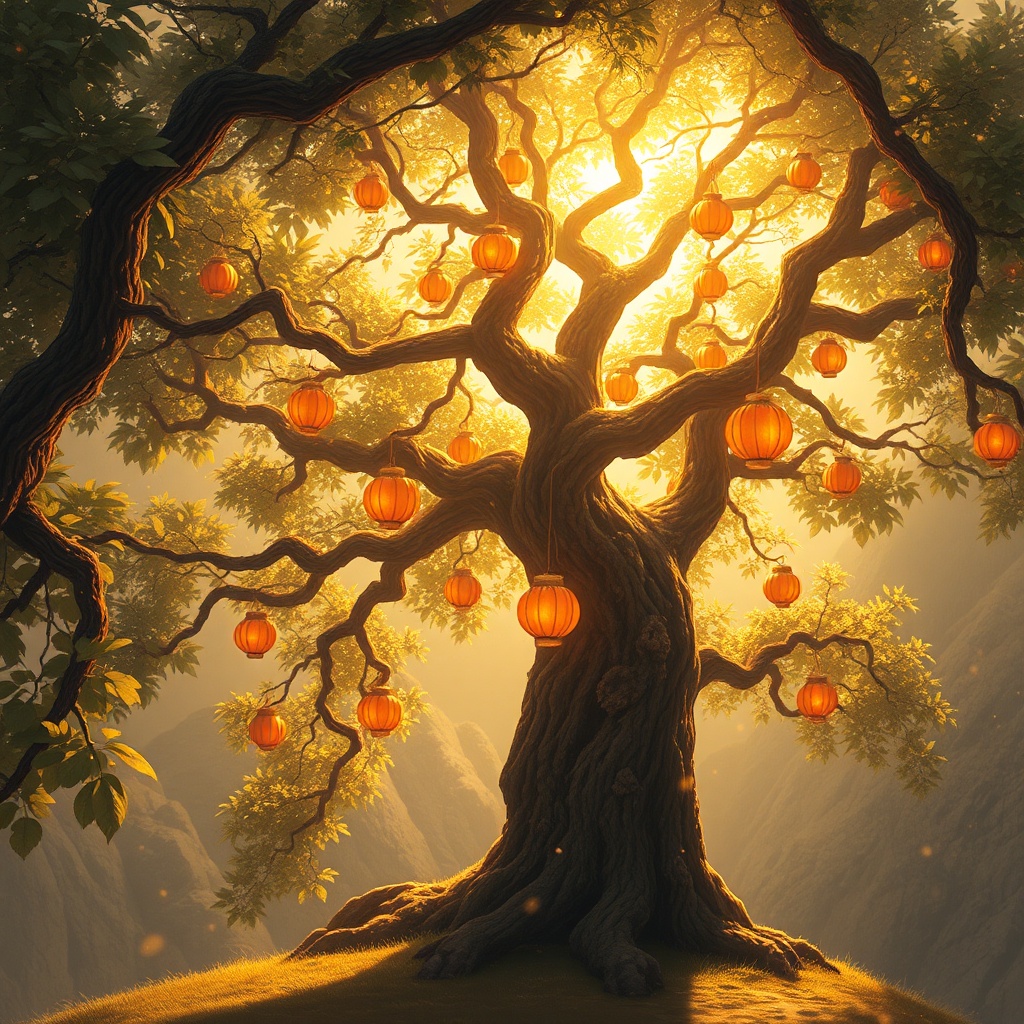 an ancient tree with lantern fruit, digital painting, artstation trending, golden hour light, highly...