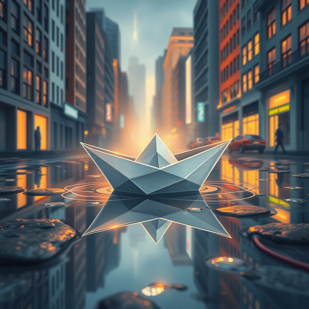 a paper boat sailing through city puddles, children book illustration, warm and gentle, neon reflect...
