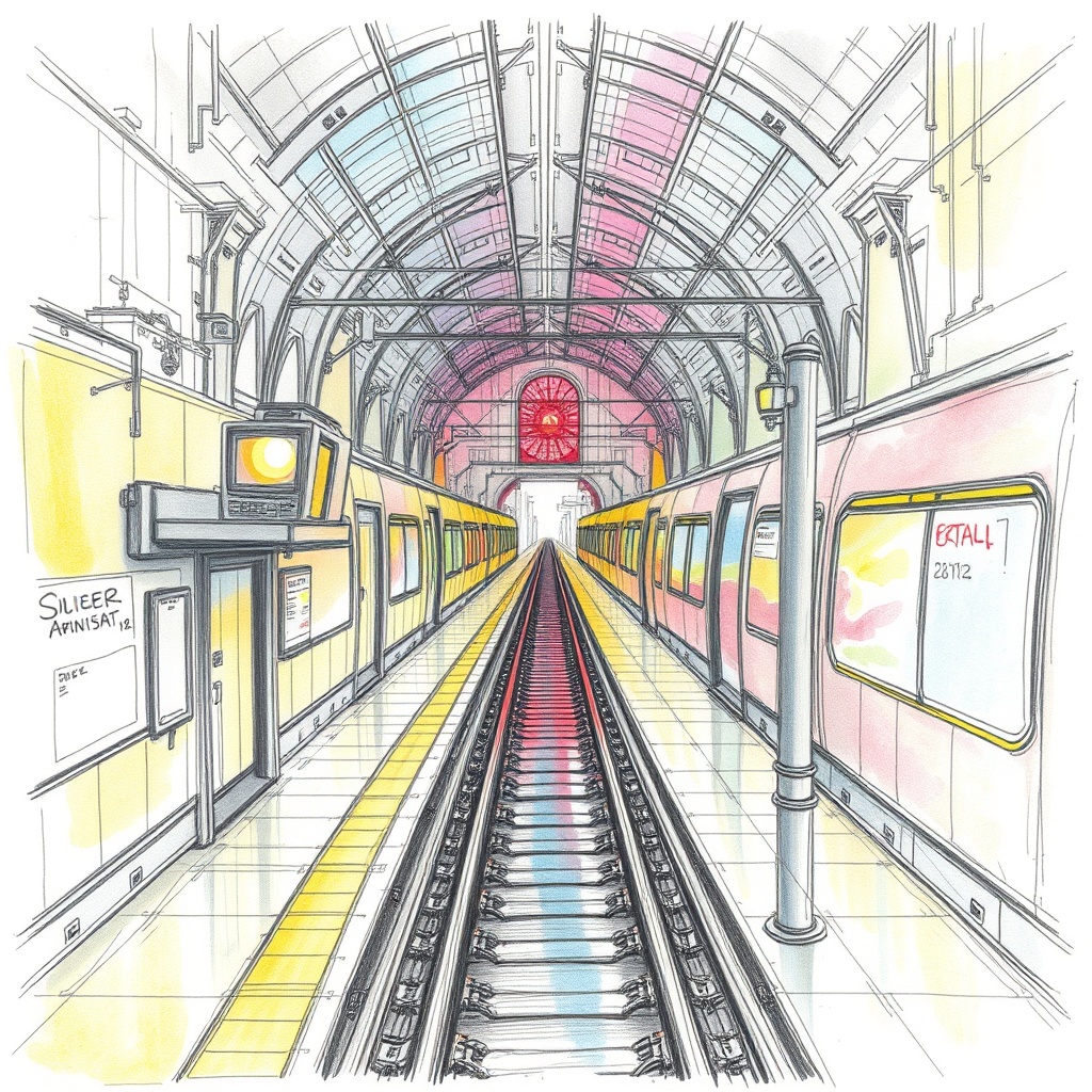 a train station between worlds, pencil sketch with soft watercolor wash, neon reflections, highly de...