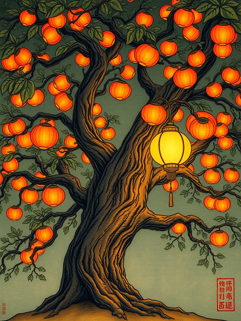 an ancient tree with lantern fruit, ukiyo-e woodblock style, flat colors, golden hour light, highly...