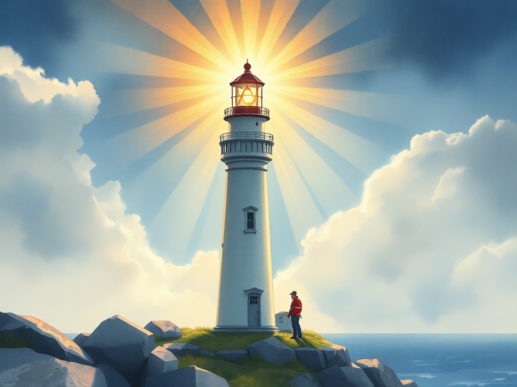 a lone lighthouse keeper, watercolor illustration, soft edges, god rays through clouds, highly detai...