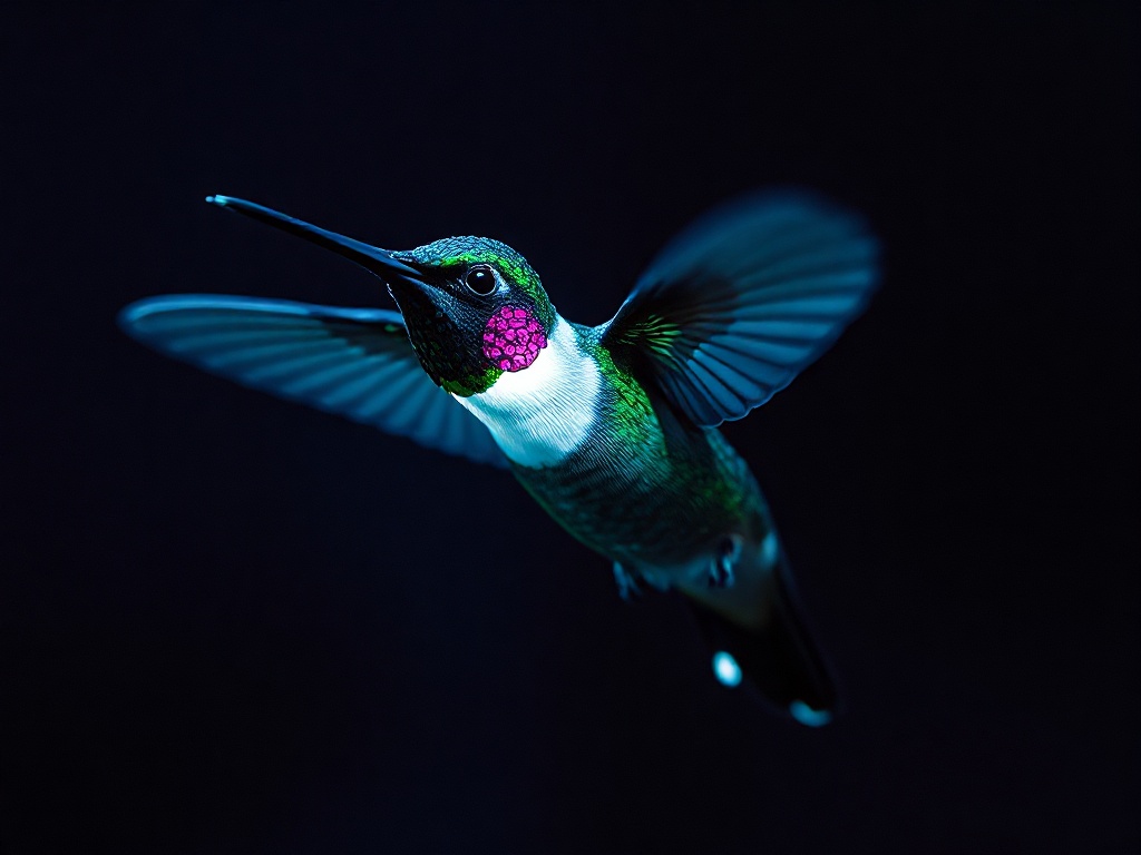 a clockwork hummingbird, cinematic photography, 35mm film grain, bioluminescent glow, highly detaile...
