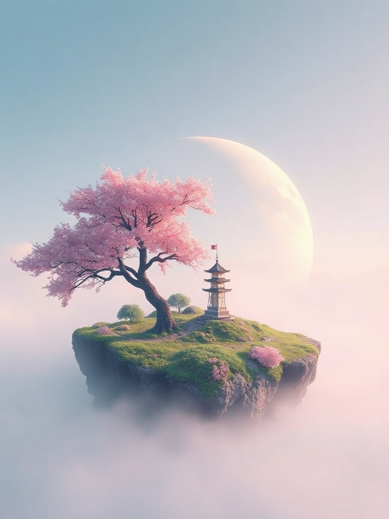 a tiny island with a single cherry tree, vaporwave aesthetic, retro futurism, soft morning mist, hig...