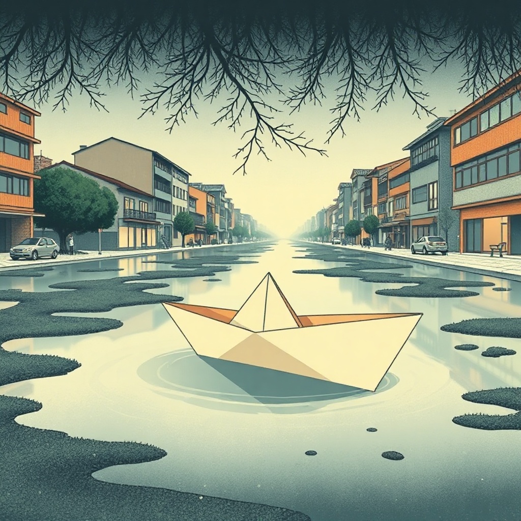 a paper boat sailing through city puddles, ukiyo-e woodblock style, flat colors, gentle overcast lig...