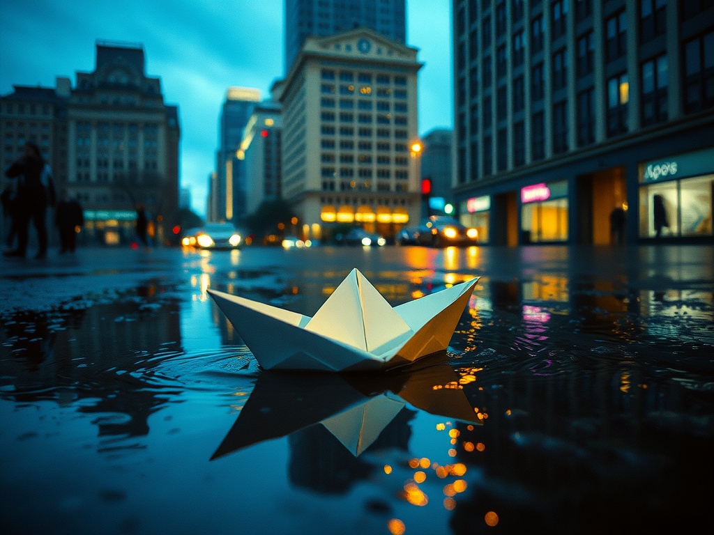 a paper boat sailing through city puddles, cinematic photography, 35mm film grain, bioluminescent gl...