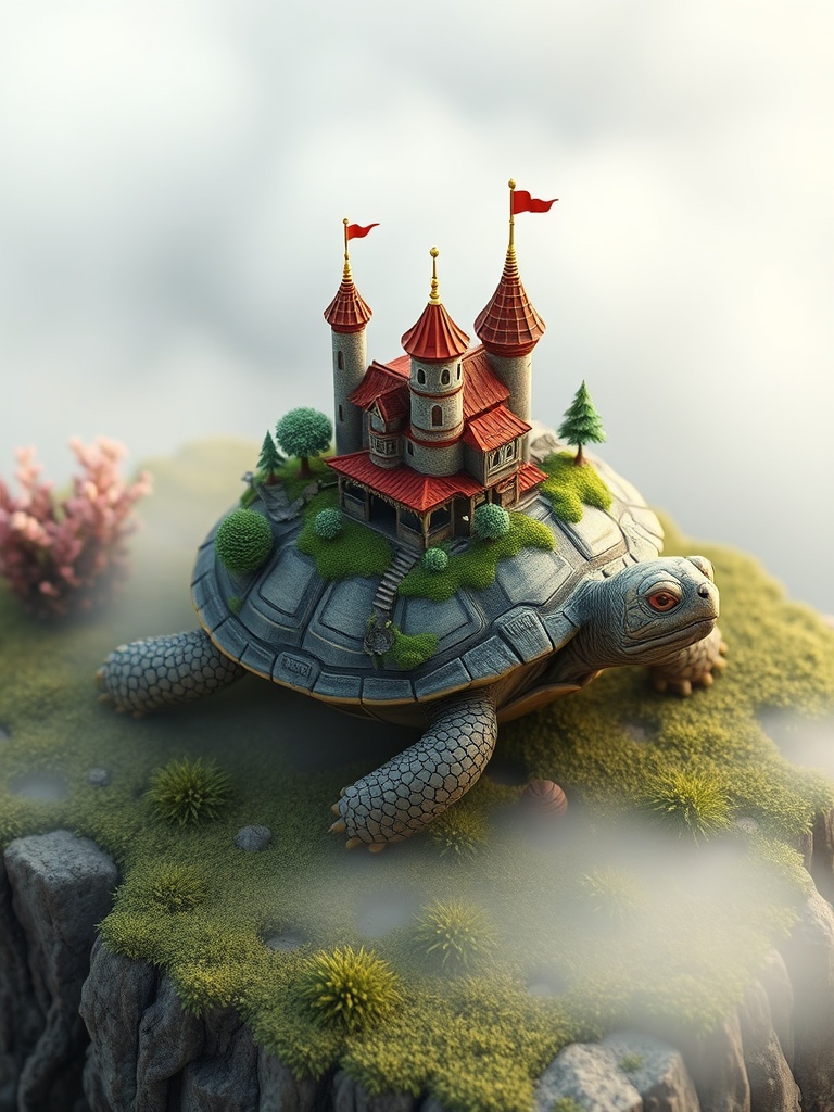 a turtle carrying a miniature kingdom, isometric diorama, blender render, soft morning mist, highly...