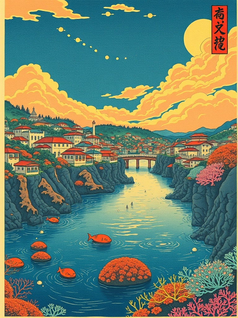 a coral reef city, ukiyo-e woodblock style, flat colors, golden hour light, highly detailed