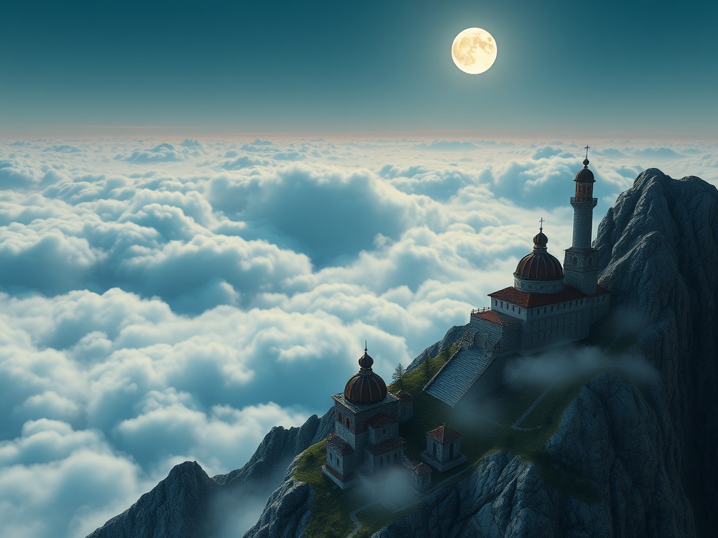 a mountain monastery above the clouds, isometric diorama, blender render, cool moonlight, highly det...