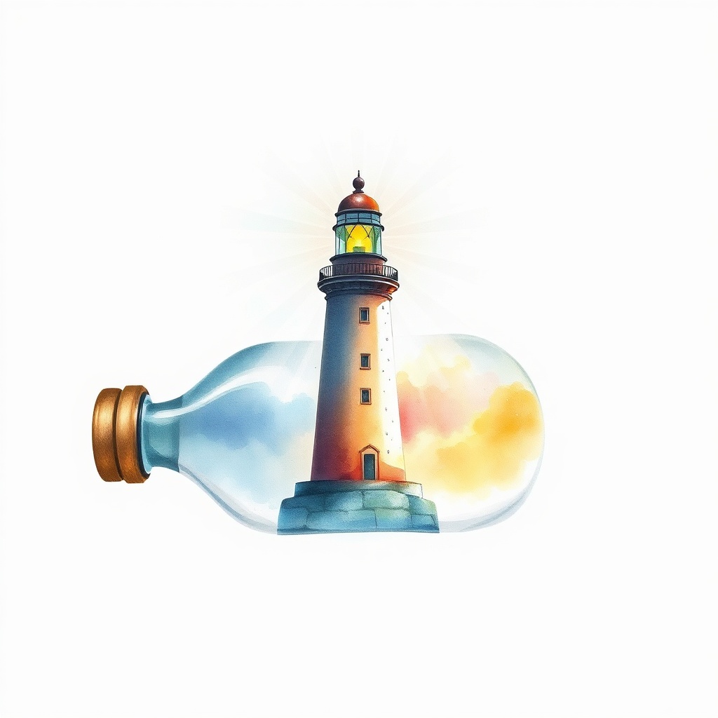 a lighthouse inside a bottle, watercolor illustration, soft edges, god rays through clouds, highly d...