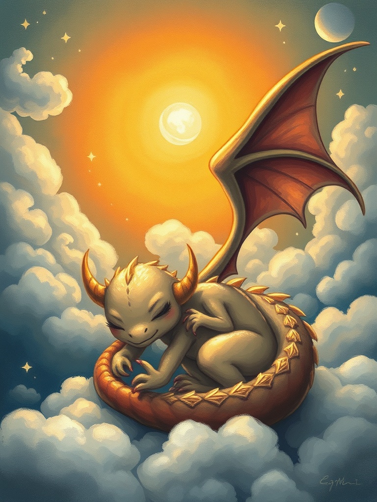 a sleepy dragon hatchling, studio ghibli inspired, hand painted, god rays through clouds, highly det...