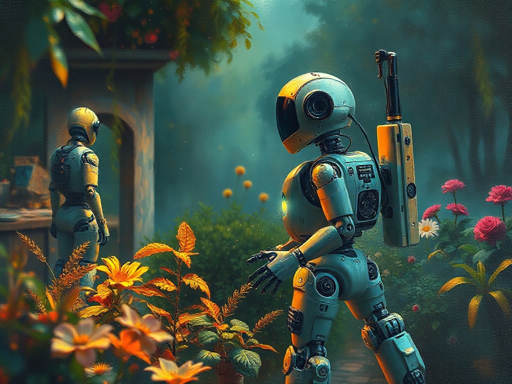 a wandering robot gardener, oil painting, impressionist brushwork, bioluminescent glow, highly detai...