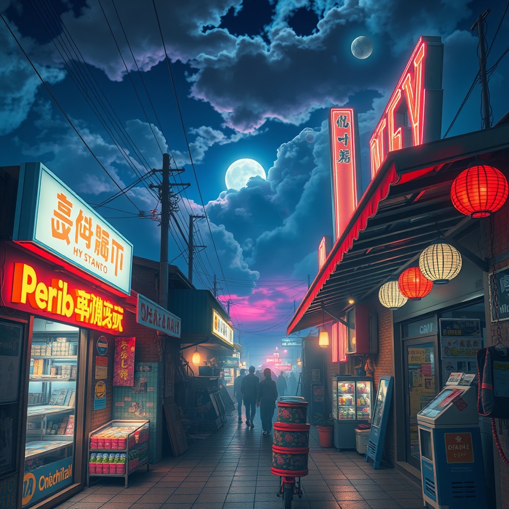 a night market alley, vaporwave aesthetic, retro futurism, god rays through clouds, highly detailed