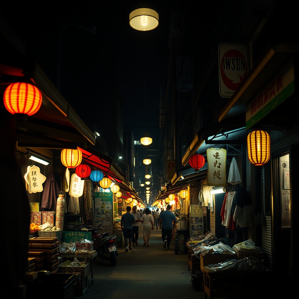 a night market alley, cinematic photography, 35mm film grain, dramatic rim lighting, highly detailed