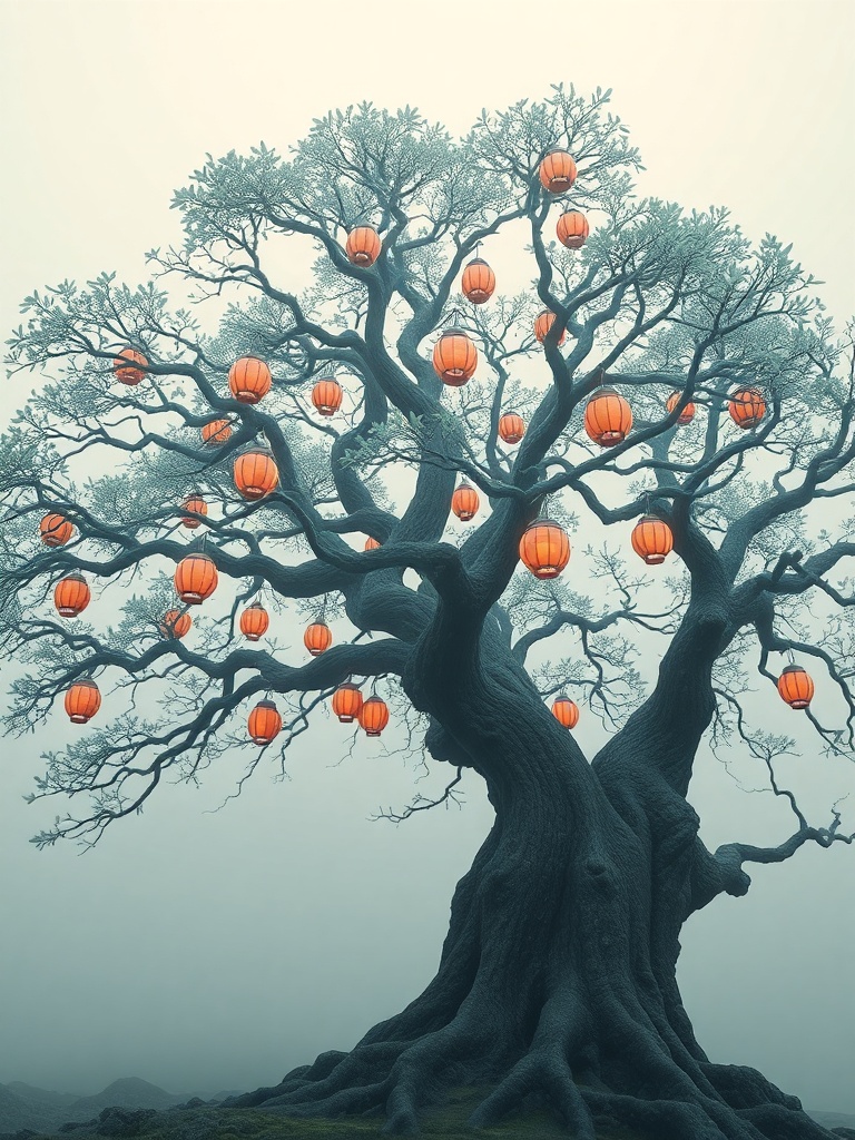 an ancient tree with lantern fruit, low poly 3d render, pastel palette, moody volumetric fog, highly...