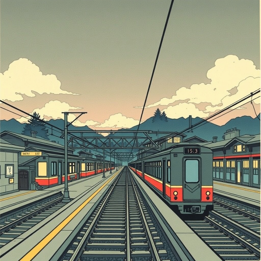 a train station between worlds, ukiyo-e woodblock style, flat colors, gentle overcast light, highly...