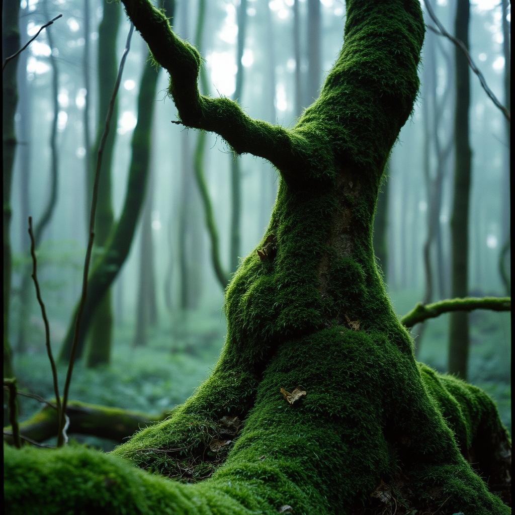 a moss-covered forest spirit, cinematic photography, 35mm film grain, gentle overcast light, highly...