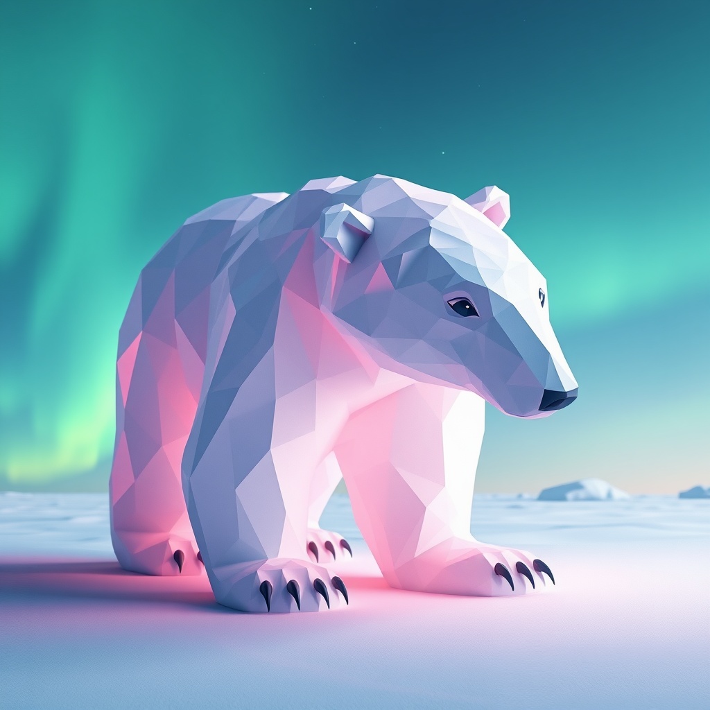 a polar bear made of northern lights, low poly 3d render, pastel palette, cool moonlight, highly det...
