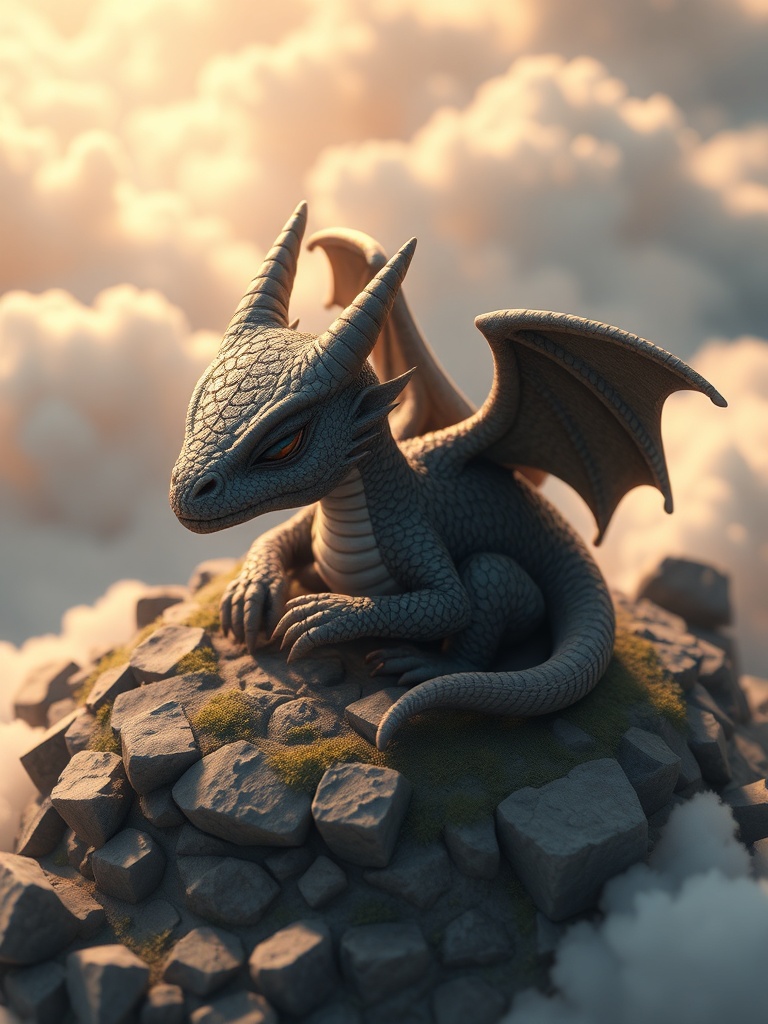 a sleepy dragon hatchling, isometric diorama, blender render, god rays through clouds, highly detail...