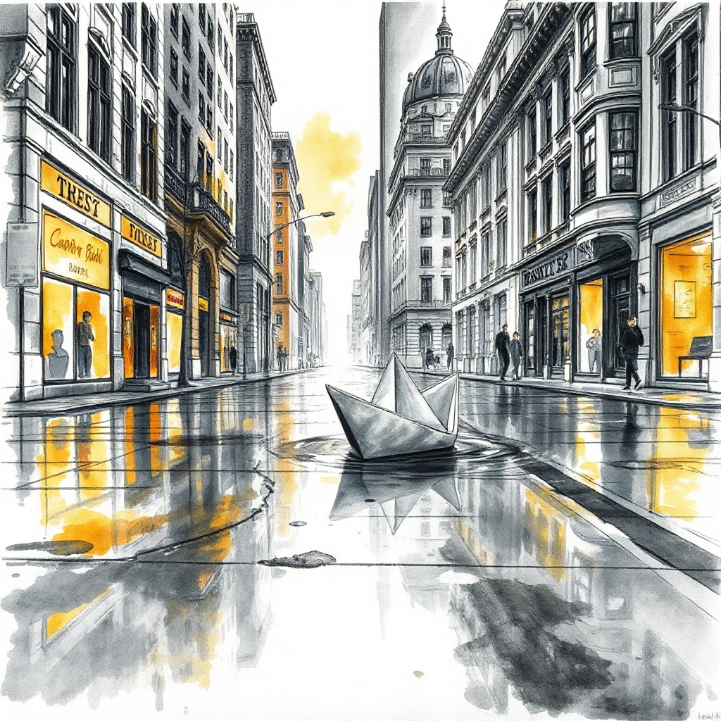 a paper boat sailing through city puddles, pencil sketch with soft watercolor wash, dramatic rim lig...