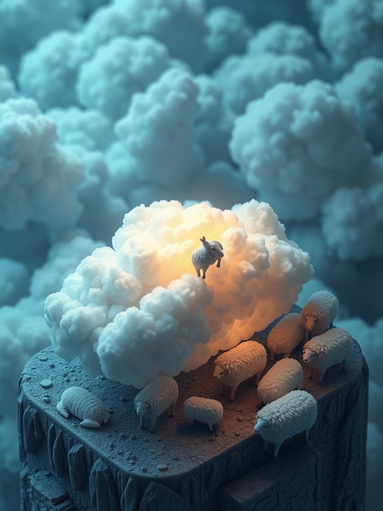 a cloud shepherd herding cumulus sheep, isometric diorama, blender render, bioluminescent glow, high...