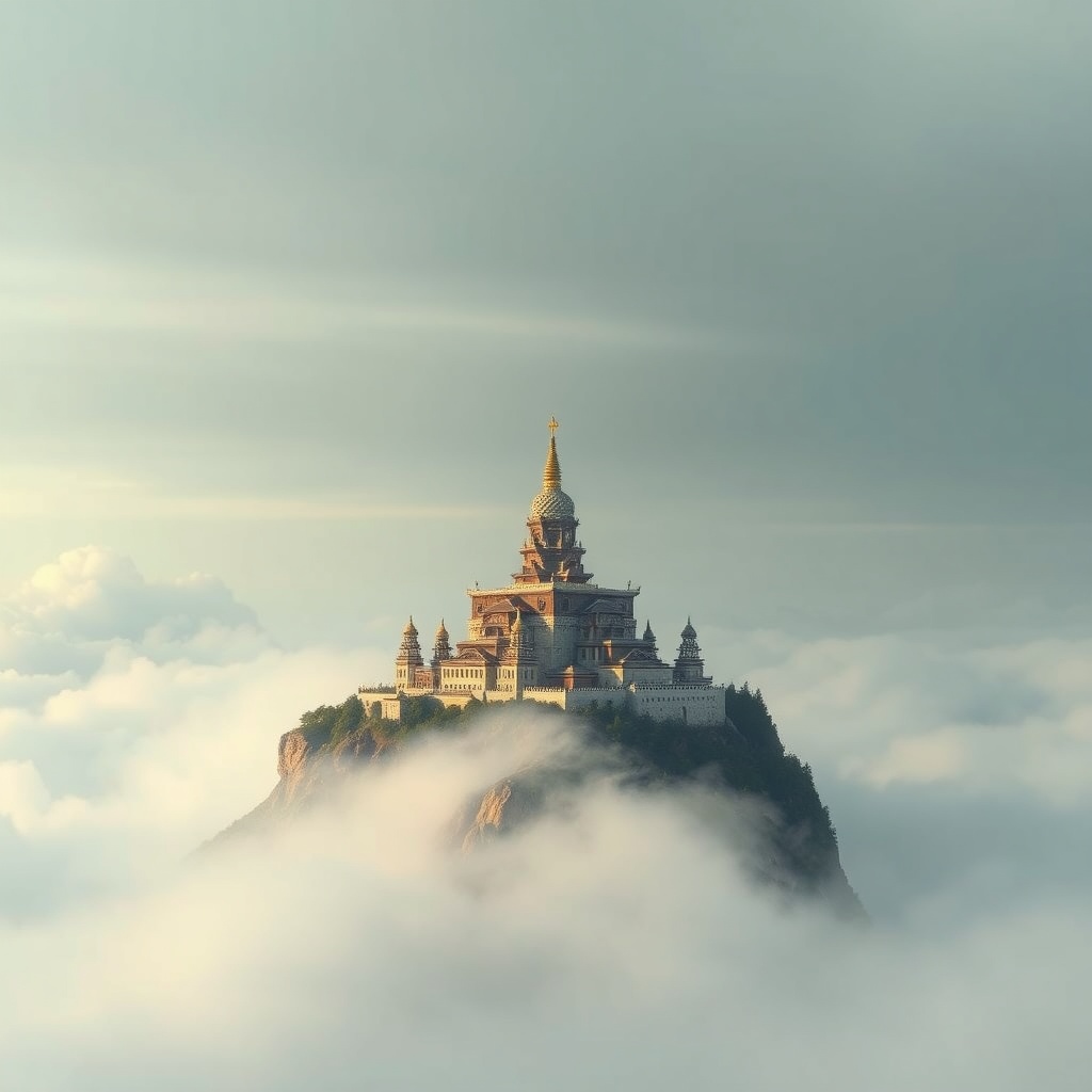 a mountain monastery above the clouds, vaporwave aesthetic, retro futurism, gentle overcast light, h...