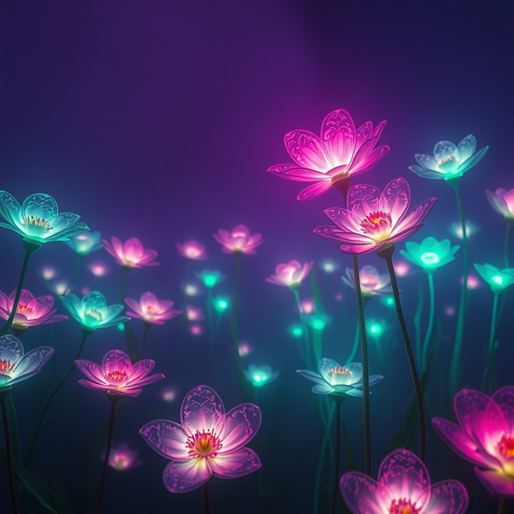 a garden of glowing glass flowers, vaporwave aesthetic, retro futurism, moody volumetric fog, highly...