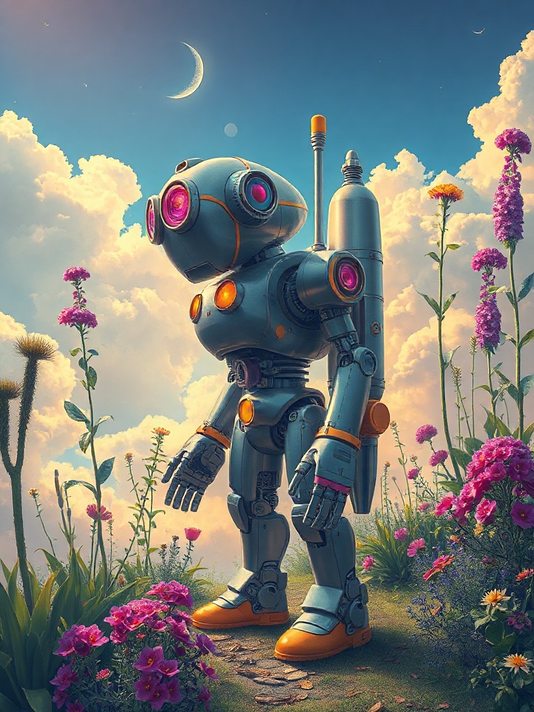 a wandering robot gardener, vaporwave aesthetic, retro futurism, god rays through clouds, highly det...