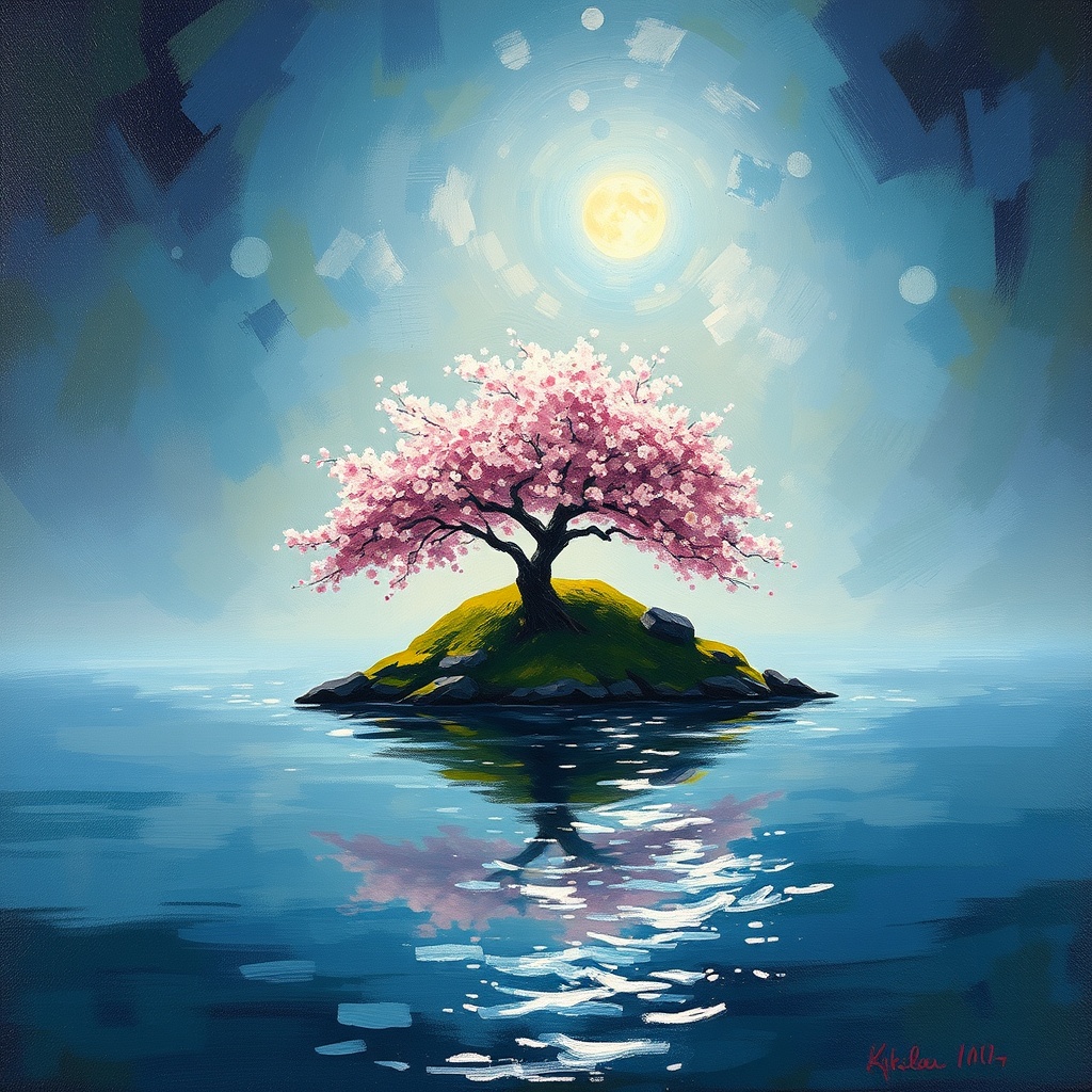 a tiny island with a single cherry tree, oil painting, impressionist brushwork, cool moonlight, high...