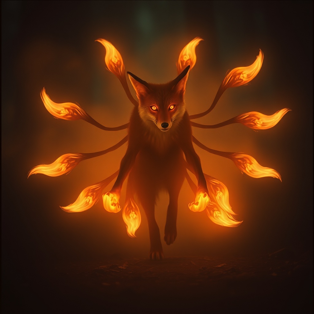 a fox spirit with nine glowing tails, cinematic photography, 35mm film grain, moody volumetric fog,...