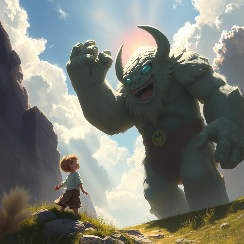 a child and a giant friendly golem, digital painting, artstation trending, god rays through clouds,...