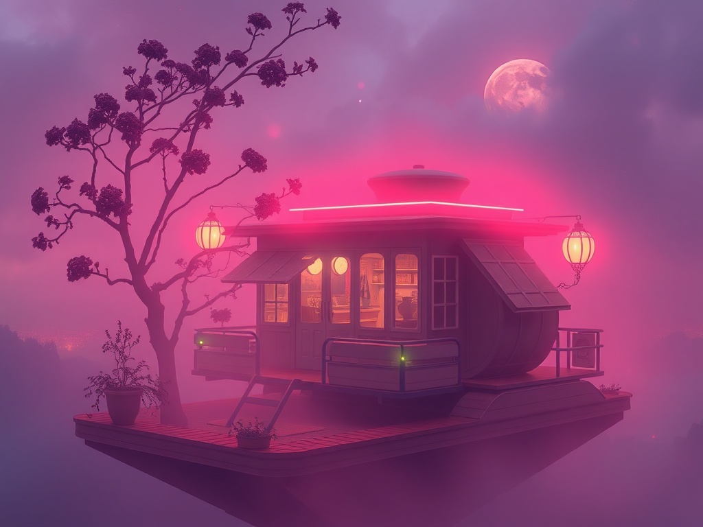 a floating tea house, vaporwave aesthetic, retro futurism, moody volumetric fog, highly detailed