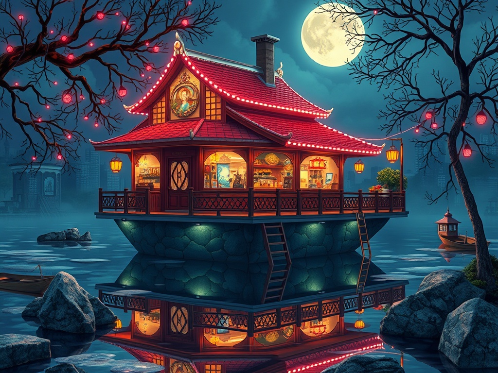 a floating tea house, studio ghibli inspired, hand painted, neon reflections, highly detailed